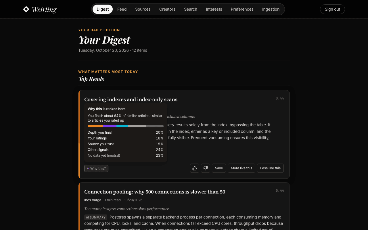 The Why this? panel: the share of each reading signal behind an item's rank